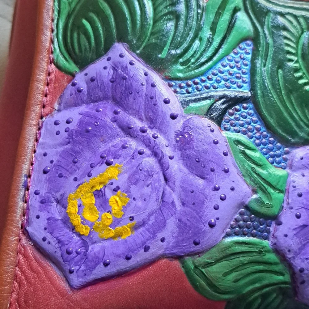 Hand Painted Floral Leather Bag Purse Vintage Zip Top Satchel - Picture 13 of 16